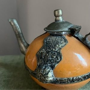 Vintage Moroccan clay and brass teapot (decorative)